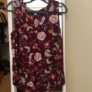 Burgundy and Floral Sleeveless V Neck Blouse